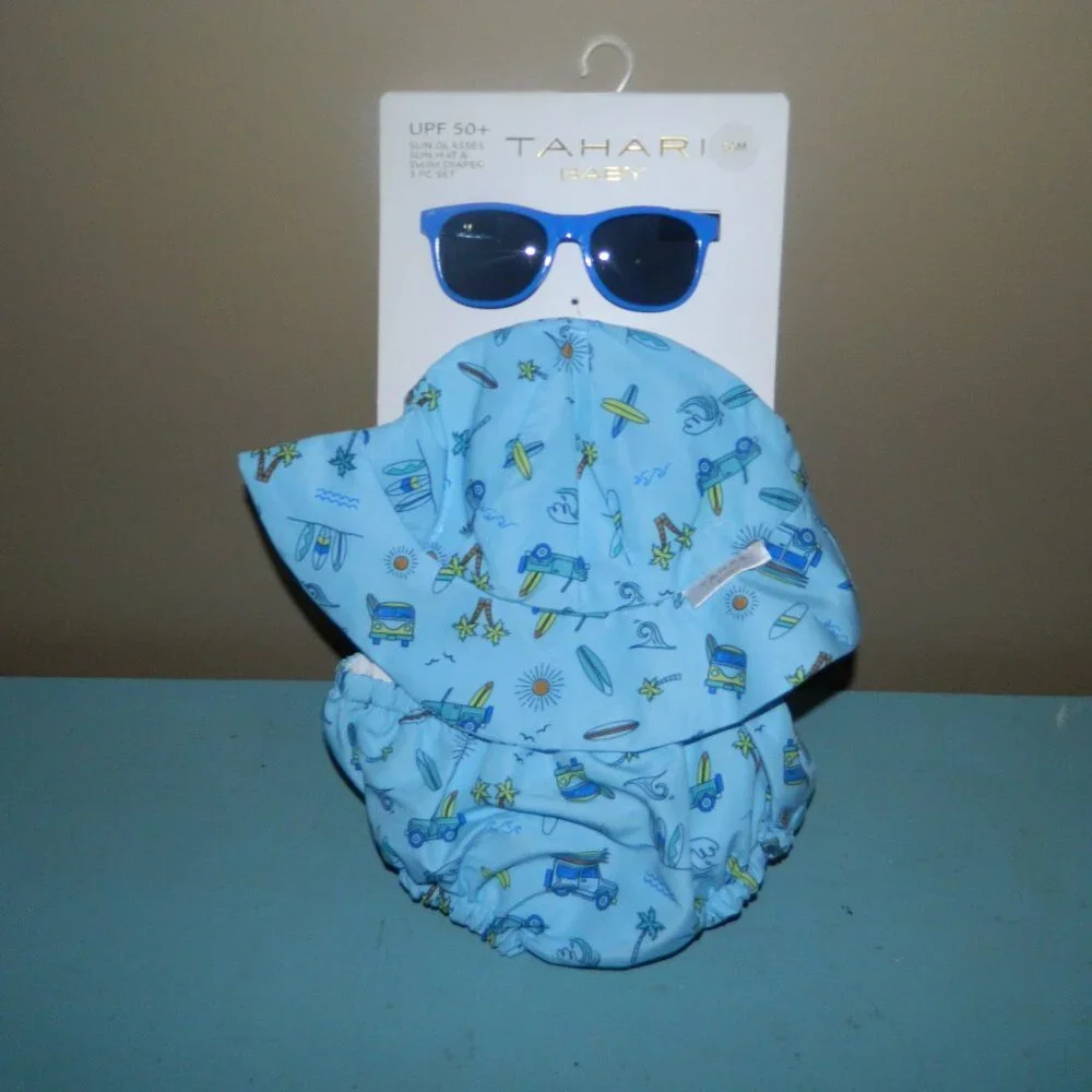 Tahari Baby 3 pc Swim Set Sun Glasses, Sun Hat, Swim Diaper 3-6 mths (VV-26)